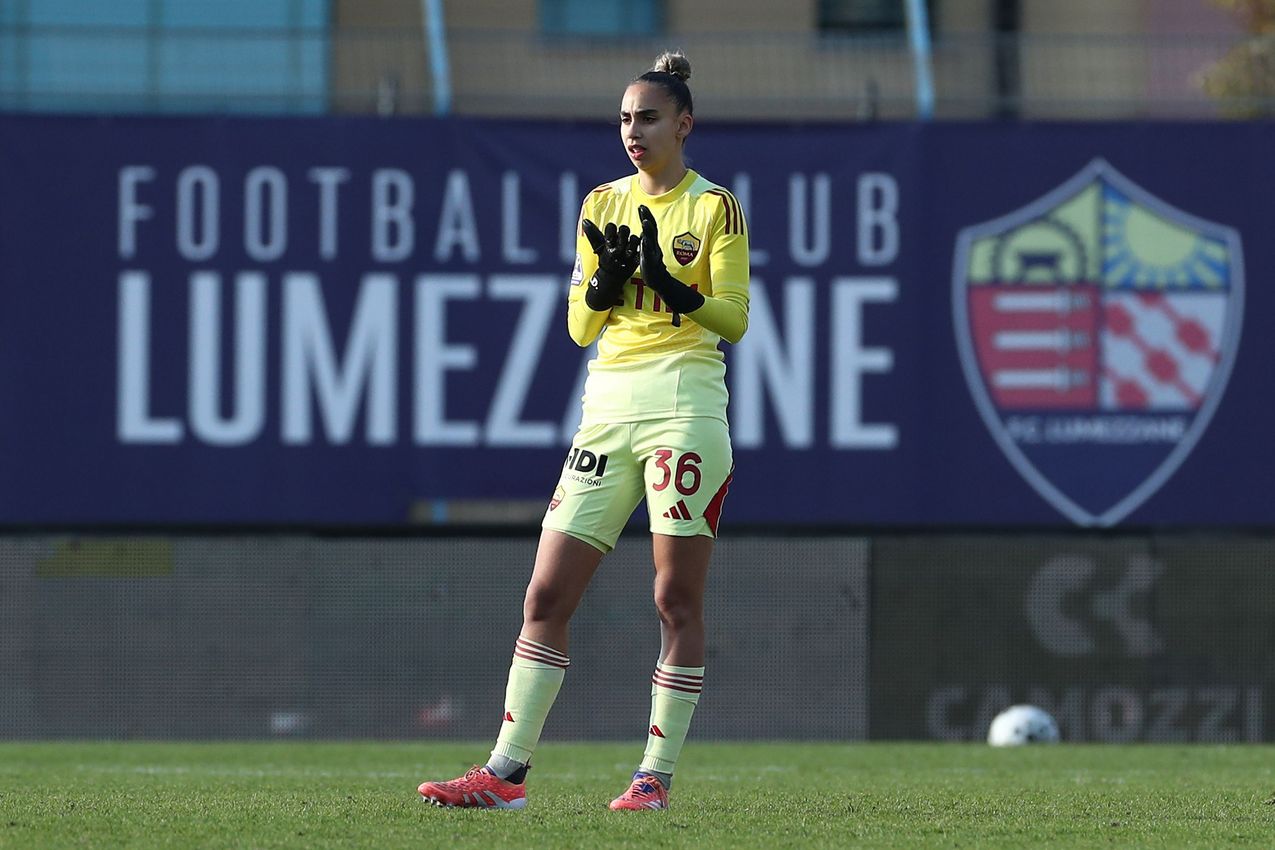 LUMEZZANE, ITALY - DECEMBER 21: Valentina Soggiu of AS Roma in action during the Coppa Italia Women match between FC Lumezzane Women and AS Roma Women at Stadio Tullio Saleri on December 21, 2025 in Lumezzane, Italy. (Photo by AS Roma/AS Roma via Getty Images)