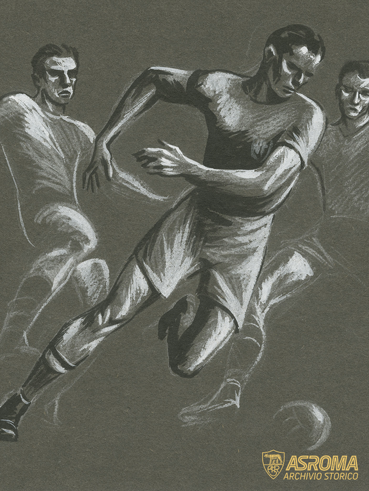 A mixed technique sketch in black, white and greys on cardboard, unsigned and undated, part of a series of sixteen sports-themed sketches from Italo Foschi's personal collection, originally framed to adorn the founder's studio. The first of two with a football theme, this sketch depicts a footballer in action with the ball at his feet being marked by two opponents
(AS Roma Historical Archives / Italo Foschi-Famiglia Zingarelli Fonds)