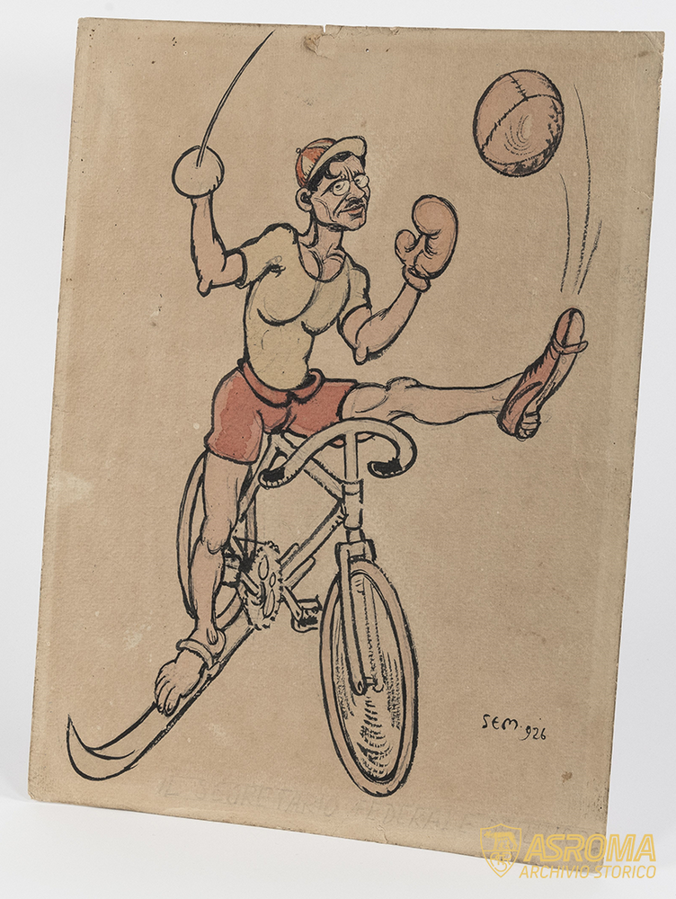 Caricature of Italo Foschi, watercolour on cardboard, painted in 1926 by Sem, pseudonym of the French illustrator George Goursat. The work - published by Italian newspapers in the second half of the 1920s, on at least one occasion with the title 'Lo Sportivo Multiforme' - focuses on the sporting passion of the future founder and first president of Roma, portrayed simultaneously engaged in six different sports: football, cycling, swimming, fencing, boxing and skiing 
(AS Roma Historical Archives / Italo Foschi-Famiglia Zingarelli Fonds)