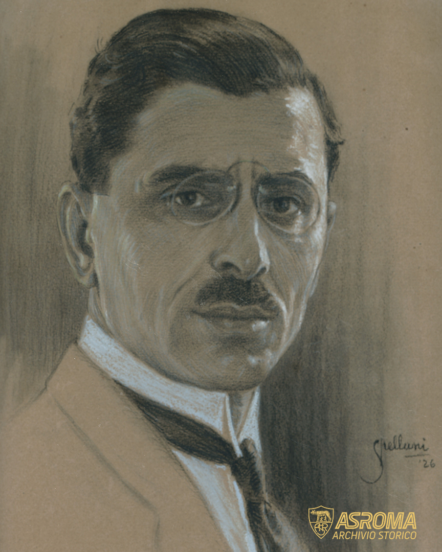 Ritratto di Italo Foschi realizzato nel 1926 dal pittore e illustratore italiano Giuseppe Spellani. Realizzata a matita e carboncino su carta, l'opera è tra le ultime della carriera di Spellani, morto nel 1927 all'età di 96 anni
(Archivio Storico AS Roma / Fondo Italo Foschi-Famiglia Zingarelli)